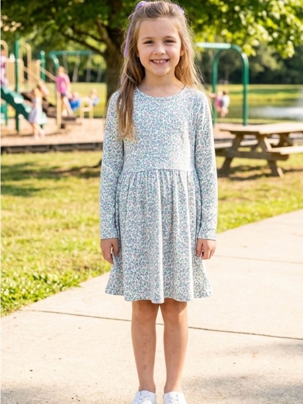 H&M Girls' Long Sleeve Floral Dress in Light Blue Size 6X/7